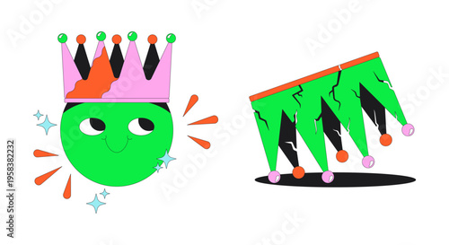 Crowned king and broken crown modern flash message illustration set. Royal authority. Leadership downfall. Error success UI states. Done failure web design. Mobile onboarding. Micro UX scenes pack