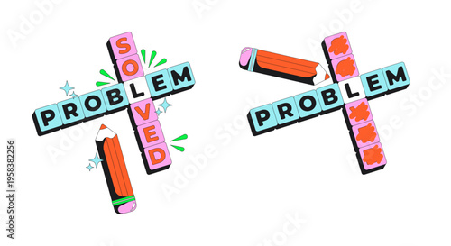 Problem solved crossword modern flash message illustration set. Scribbling pencil mistake. Unsolved answer. Error success UI states. Done failure web design. Mobile onboarding. Micro UX scenes pack