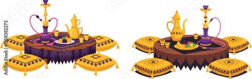 Traditional Arabic majlis seating with hookah and tea set, colorful floor cushions arrangement isolated on white background, cultural hospitality interior illustration