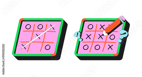 Tic tac toe winning and losing modern flash message illustration set. Strategy board game. XO planning move. Error success UI states. Done failure web design. Mobile onboarding. Micro UX scenes pack