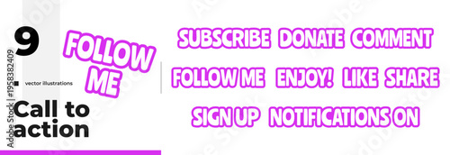 Social platform bold purple outline cta words pack. Follow me. Subscribe share engagement. Like comment. Playful bubble text bundle. Digital stickers. Magenta phrases. Web design. Ranchers font used