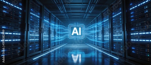 AI processor chip in modern data center server corridor with glowing digital data connections, idea for artificial intelligence computing, cloud technology and big data infrastructure