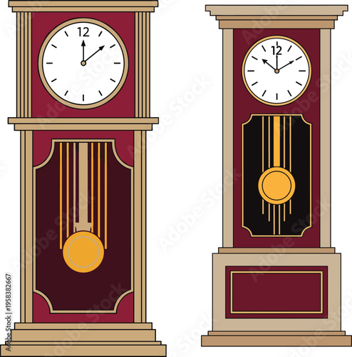 Vintage grandfather clock set illustration classic wooden pendulum clocks antique timepiece interior decor elegant design isolated on white background vector