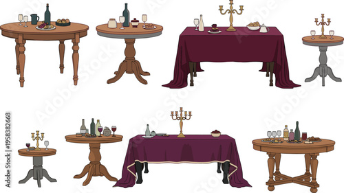 Vintage dining tables set illustration classic wooden furniture with tablecloth candles dinner setup interior decor isolated on white background elegant style