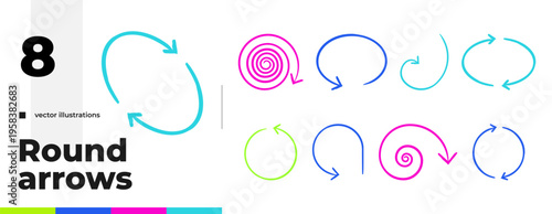 Circular and spiral colorful hand-drawn sketch arrow set. Round loop. Doodle line pointers for direction and explainer content. Simple handdrawn symbols collection. Freehand clip arts for social media