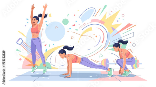 Woman performing fitness exercises in sequence.