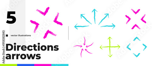 Directional multicolored grunge doodle arrow set. Multiple directions. Freehand sketchy cliparts in rough brush style. Simple hand drawn vector overlays for social media. Distressed pointers pack