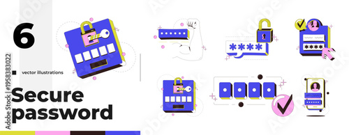 Secure password and authentication modern onboarding illustration pack. Login encryption. Digital safety. User verification. Web design UI. Flat vector concept set. Mobile app intros. Micro UX scenes