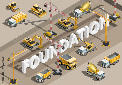 Isometric vector illustration of heavy machinery building a construction site around the large word Foundation. Concept of business development, progress, and building strong foundational structure