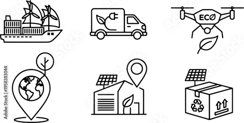 Set of 6 minimalist sustainable global logistics icons, green delivery vector collection, "Created with AI assistance and manually refined.