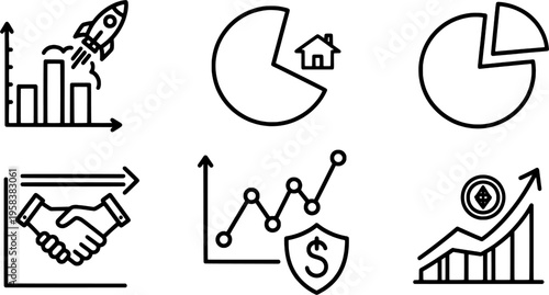 Clean outline economic growth and invest symbols collection, market analysis set, "Created with AI assistance and manually refined."