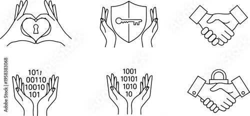Clean outline secure network handshake and love symbols collection, "Created with AI assistance and manually refined."