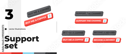 Creator support and donation isometric social media UI button set. Buy me coffee. Become member. Funding channel. Streaming platform. Clean modern vector design. Isolated interactive CTA elements pack