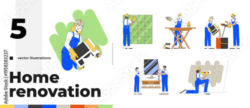 Home renovation and construction work 2D vector illustrations pack. Builders repair. Interior maintenance. Diverse handymen tradespeople flat characters isolated on white. Colorful cartoon images set
