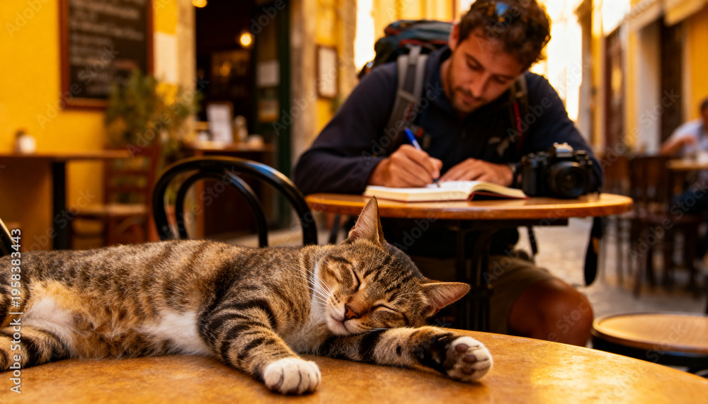 Obraz premium Tabby cat sleeping on wooden table in narrow alley cafe, man writing with notebook and DSLR