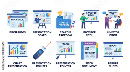 Vector graphics illustrate a modern business presentation with charts and graphs on slides and documents in a conference room setting with a professional team.