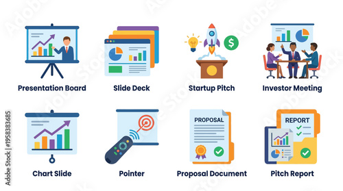 Business professionals engaged in a startup pitch with vector graphics presentation on screen and documents.