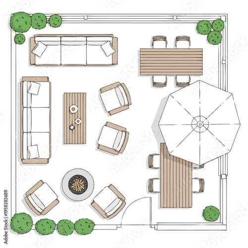 Top down view of a spacious outdoor living area layout featuring comfortable seating arrangements and dining tables for relaxation and entertainment
