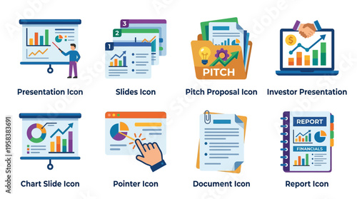 Business vector presentation slides with charts and graphs icons set for office documents and reports.