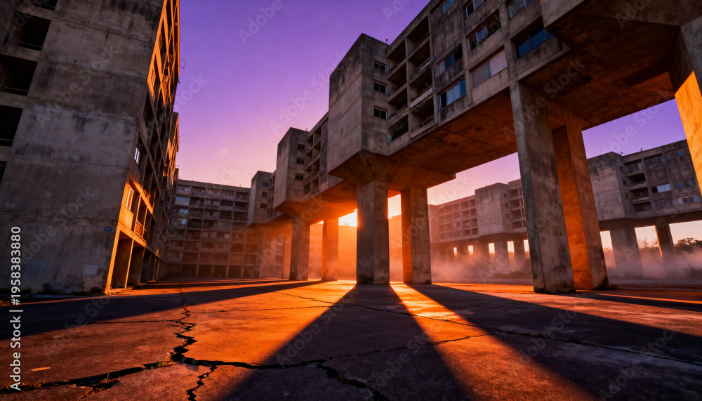 Fototapeta premium Bathing elevated concrete apartment block and square pillars in open plaza, low sun casting shadows