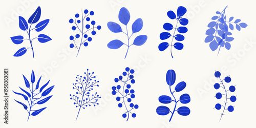 Blue botanical illustration featuring various leaf and branch arrangements