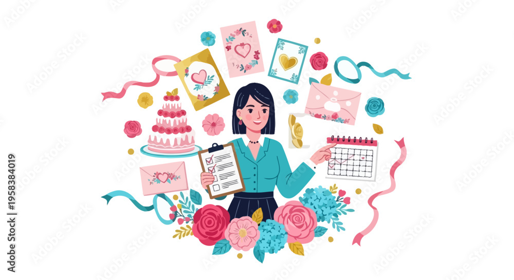 Obraz premium Woman planner organizing wedding details with calendar and cake illustration.