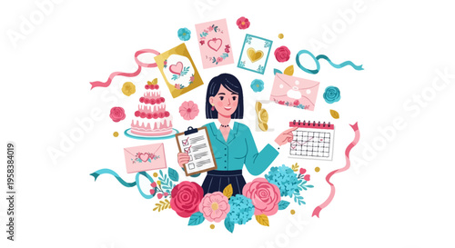 Woman planner organizing wedding details with calendar and cake illustration.
