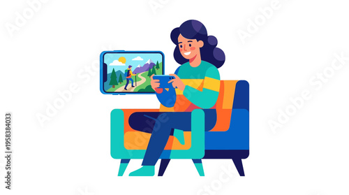 Woman playing video game on phone while sitting on sofa.