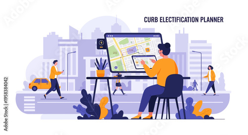 Woman planning urban electrification on computer screen.