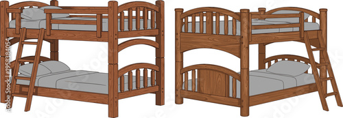 Wooden bunk bed set illustration children bedroom furniture ladder double deck beds kids room interior design isolated on white background