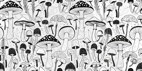 A whimsical pattern of various hand drawn mushrooms in black and white