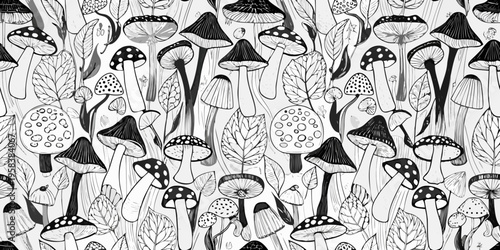 Detailed black and white illustration of various mushrooms and foliage