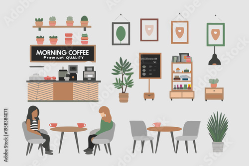 A cozy coffee shop interior with patrons plants and decorative elements