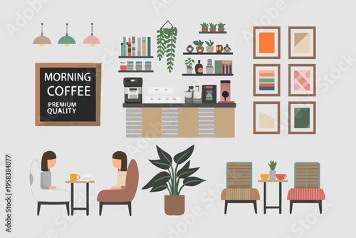 A cozy coffee shop interior with seating shelving and morning signage