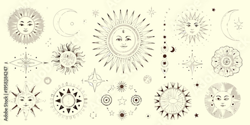 Vintage celestial illustrations featuring suns moons and various star patterns