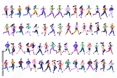 Diverse group of people running and jogging in a linear arrangement
