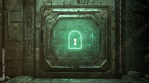 A glowing green lock symbol illuminates a high-tech metallic wall, hinting at hidden secrets within a futuristic chamber full of advanced technology. The atmosphere feels mysterious and intriguing