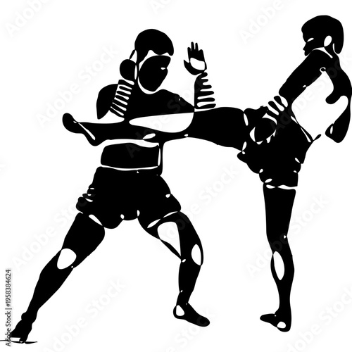 Minimal black silhouette of Muay Thai fighters performing traditional techniques. Dynamic vector design showing combat, power, and motion, ideal for prints, textiles, posters, and sports themes.