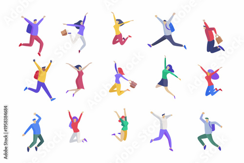 Isometric illustration of diverse people joyfully jumping and celebrating success