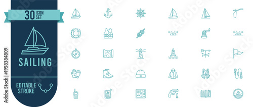 Sailing 30 Line Icons Set with Editable Stroke - Nautical and Marine Vector Symbols for Sailboat and Water Sport