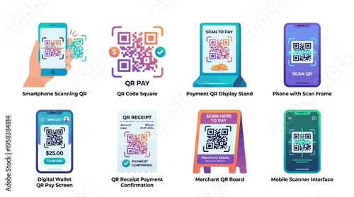 Vector illustrations of various mobile devices scanning and displaying QR codes in different settings and environments.
