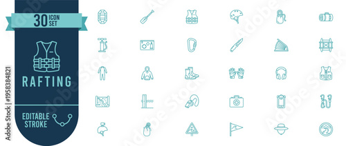 Rafting 30 Line Icons Set with Editable Stroke - White Water and River Adventure Vector Symbols for Water Sport and Outdoor Activity