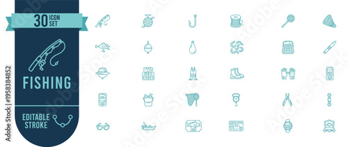 Fishing 30 Line Icons Set with Editable Stroke - Angling and Water Sport Vector Symbols for Fisher and Outdoor Recreation