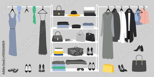 A minimalist illustration of clothing and accessories organized on a rack