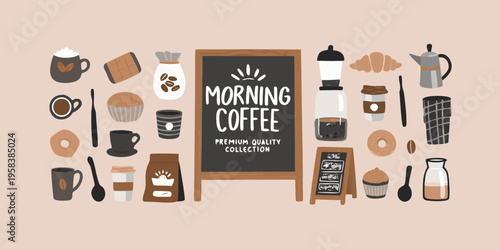 A charming collection of morning coffee elements and baked goods