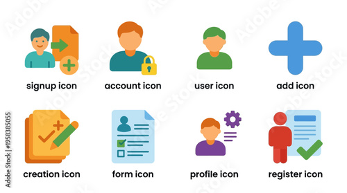 A vector illustration set of various user account and registration icons on a clean background for business and technology use.