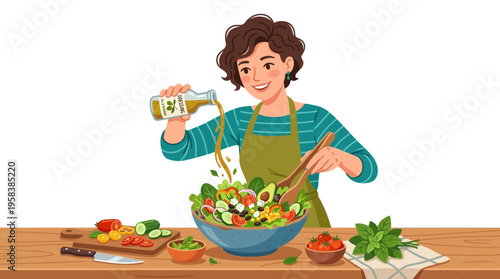 Woman preparing a healthy salad with fresh ingredients.