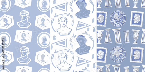 Blue and white repeating pattern featuring classical busts and geometric shapes
