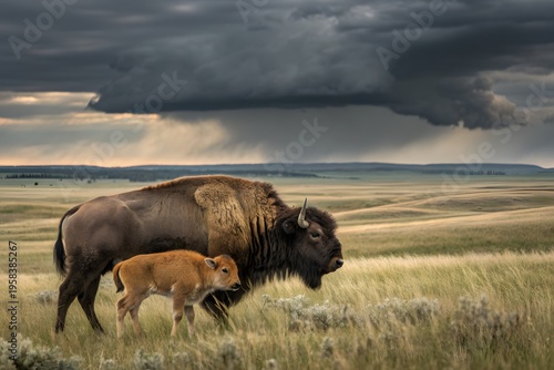 Mother American Bison Protecting Calf on Stormy Prairie