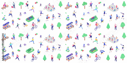 Isometric illustration of people enjoying various outdoor activities in a park